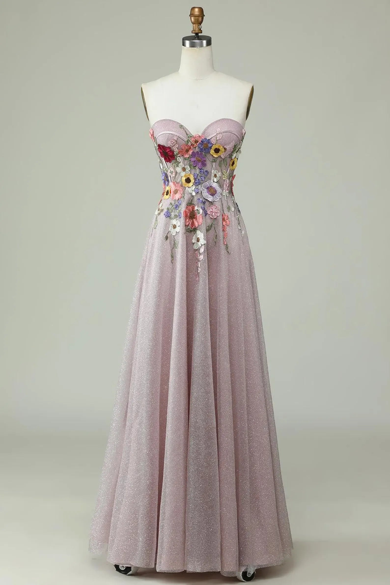 Whimsical A-Line Strapless Pink Floral Floor-Length Prom Dress With Appliques
