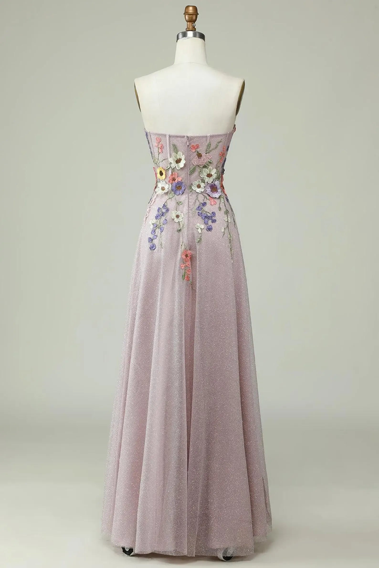 Whimsical A-Line Strapless Pink Floral Floor-Length Prom Dress With Appliques