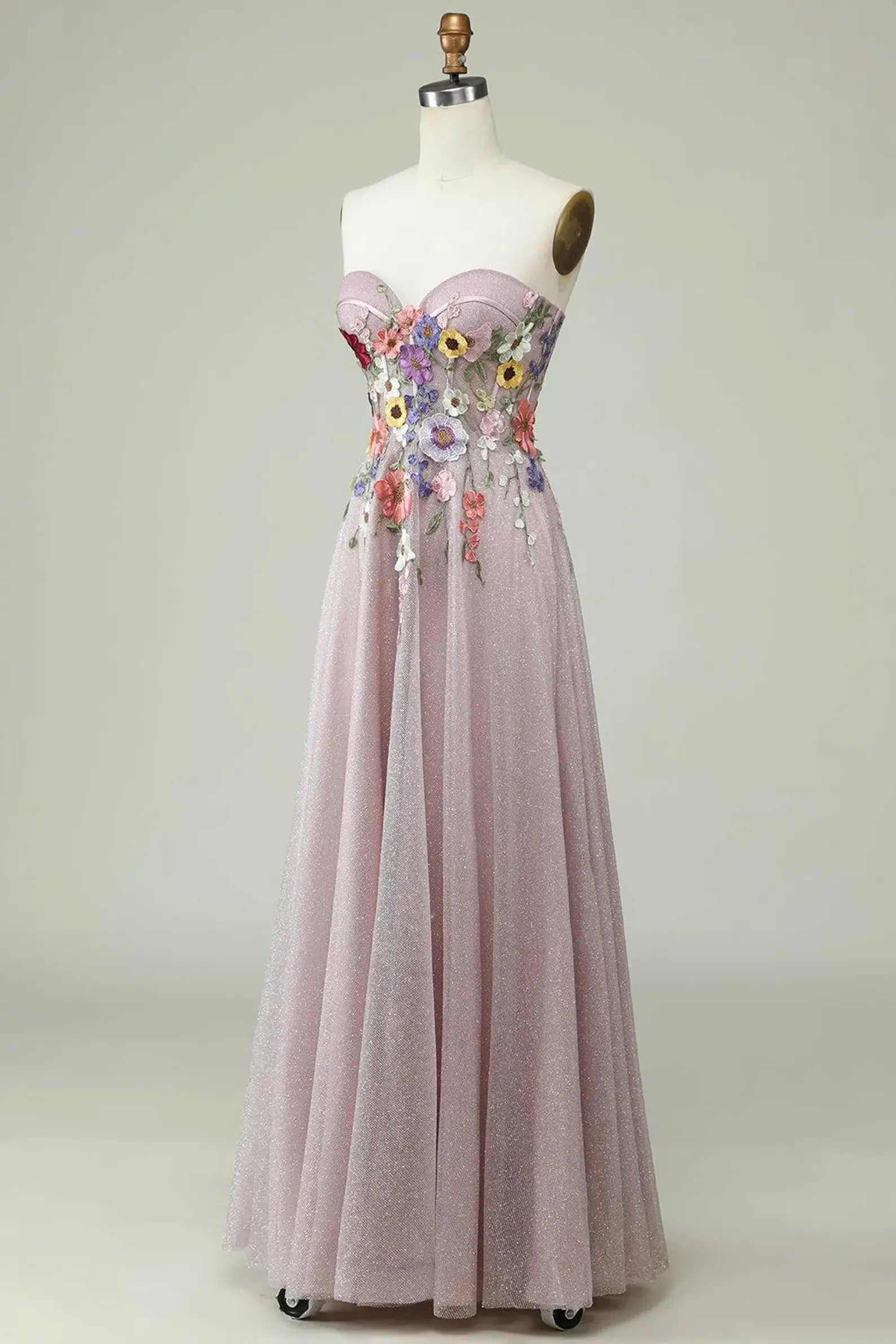 Whimsical A-Line Strapless Pink Floral Floor-Length Prom Dress With Appliques