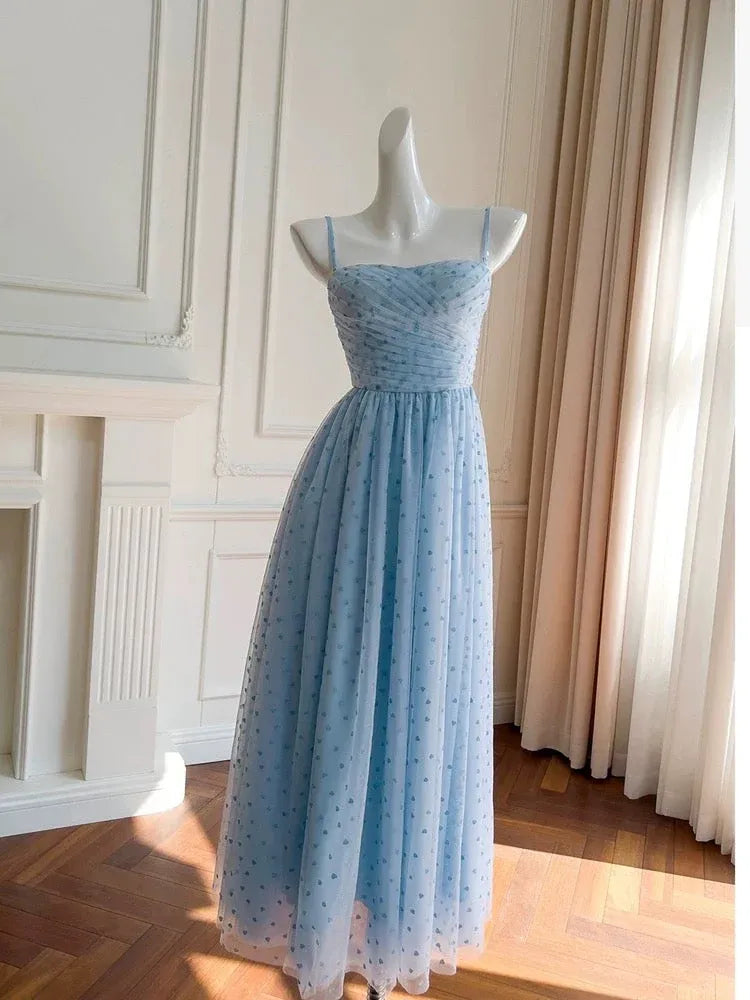 Whimsical A-Line Sweetheart Spaghetti-Strap Heart-Print Tulle Sky Blue Maxi Evening Dress for Women