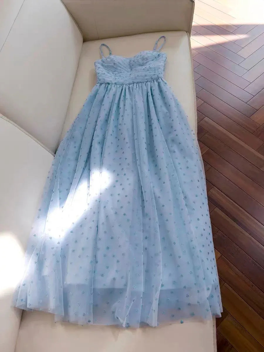 Whimsical A-Line Sweetheart Spaghetti-Strap Heart-Print Tulle Sky Blue Maxi Evening Dress for Women