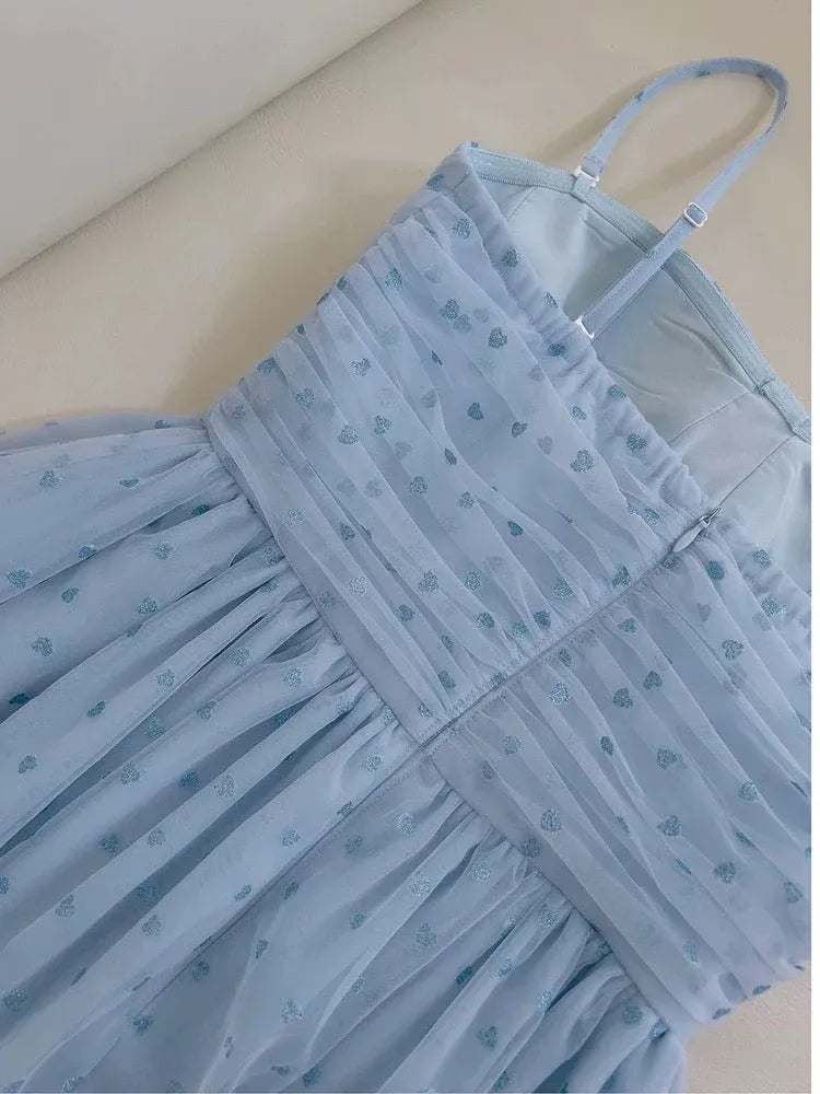 Whimsical A-Line Sweetheart Spaghetti-Strap Heart-Print Tulle Sky Blue Maxi Evening Dress for Women
