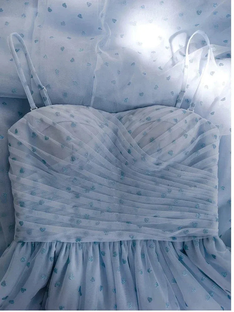 Whimsical A-Line Sweetheart Spaghetti-Strap Heart-Print Tulle Sky Blue Maxi Evening Dress for Women