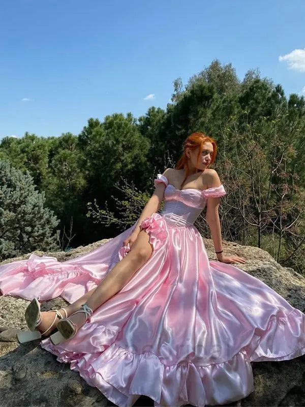 Whimsical A-line Off-the-Shoulder Short-Sleeve Ruffled Blush High-Low Prom Dress for Women Custom