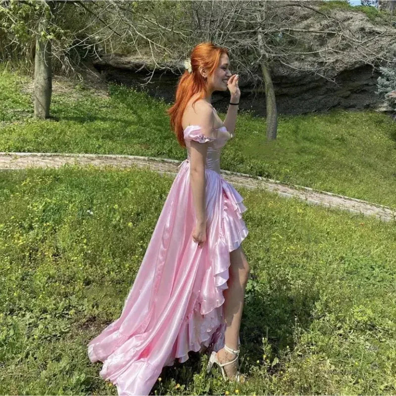 Whimsical A-line Off-the-Shoulder Short-Sleeve Ruffled Blush High-Low Prom Dress for Women Custom
