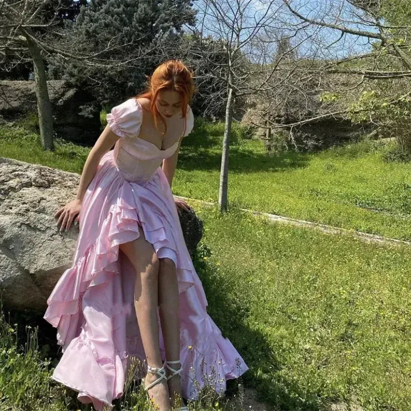 Whimsical A-line Off-the-Shoulder Short-Sleeve Ruffled Blush High-Low Prom Dress for Women Custom