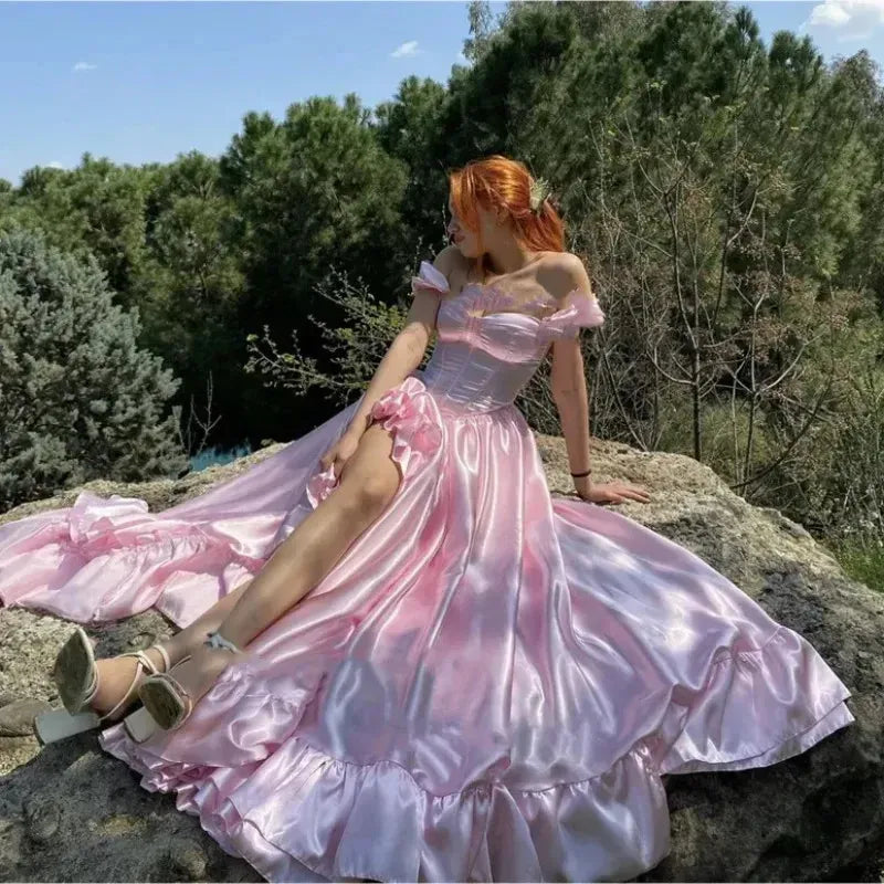 Whimsical A-line Off-the-Shoulder Short-Sleeve Ruffled Blush High-Low Prom Dress for Women Custom