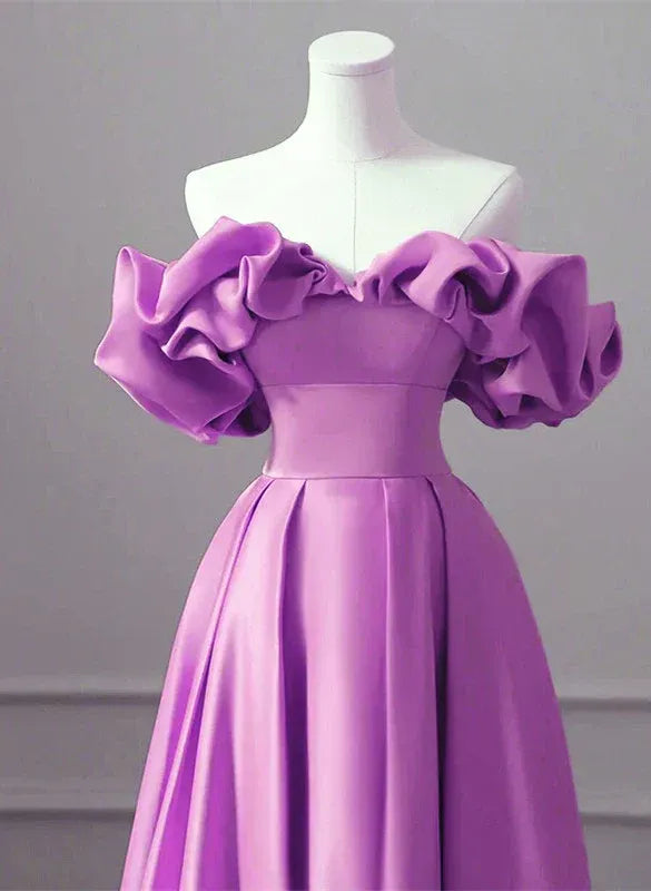Whimsical Ballgown Off-Shoulder Ruffled Purple Long Prom Dress for Women Ready to Ship