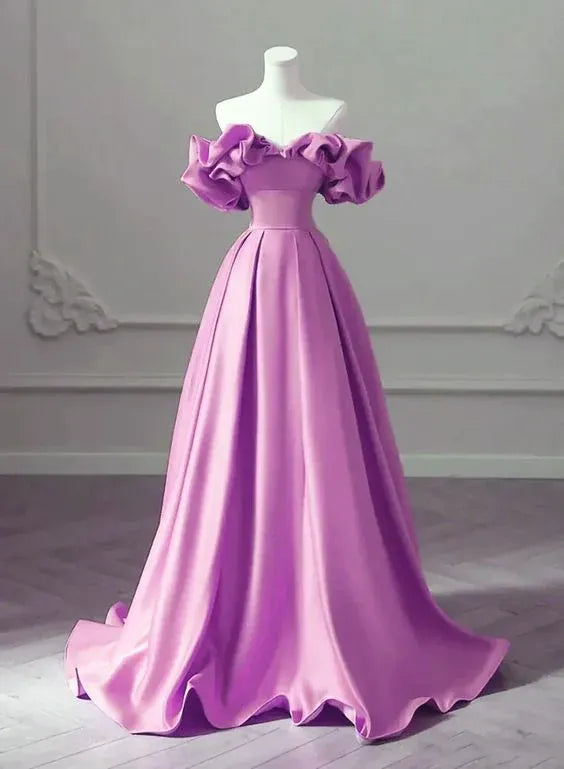 Whimsical Ballgown Off-Shoulder Ruffled Purple Long Prom Dress for Women Ready to Ship