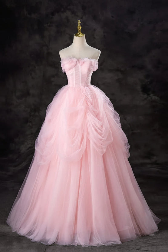 Whimsical Ballgown Off-the-Shoulder Sleeveless Ruffled Blush Maxi Prom Dress for Women Custom