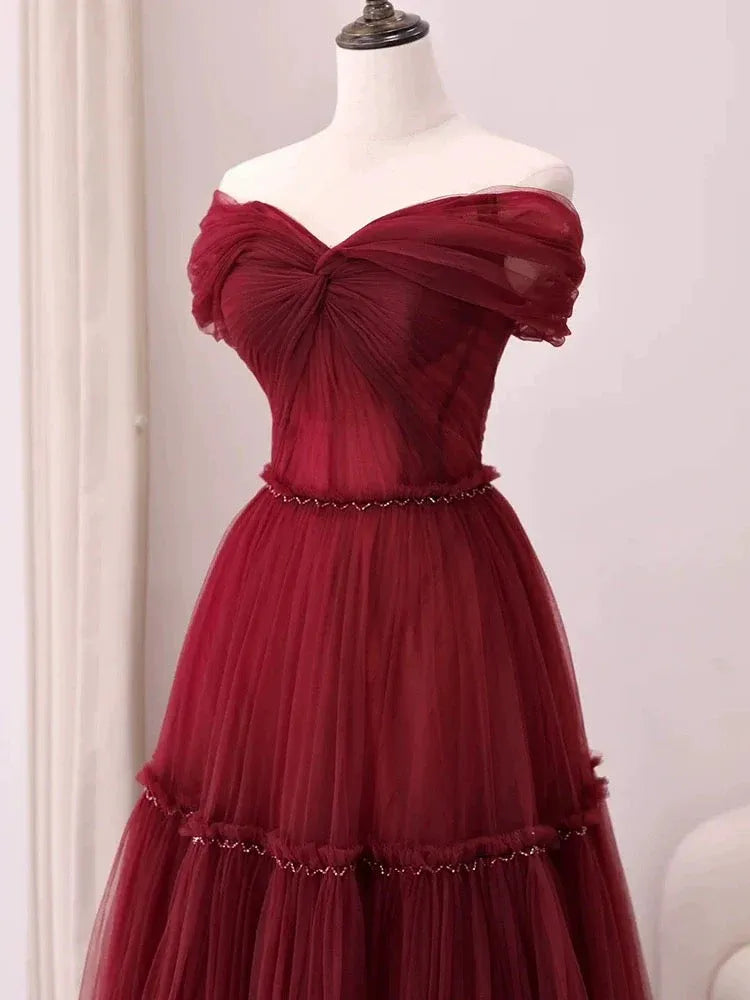 Whimsical Ballgown Off-the-Shoulder Sleeveless Tiered Burgundy Maxi Prom Dress for Women Custom