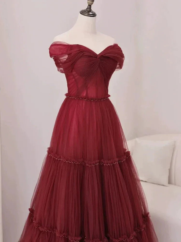 Whimsical Ballgown Off-the-Shoulder Sleeveless Tiered Burgundy Maxi Prom Dress for Women Custom