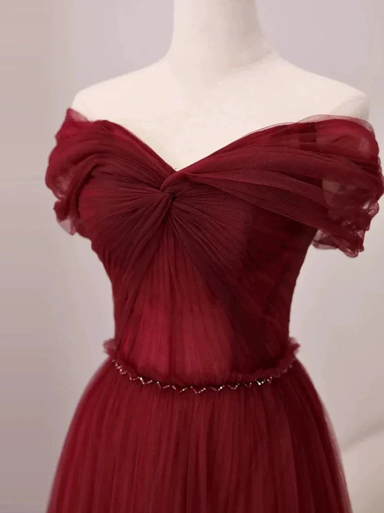 Whimsical Ballgown Off-the-Shoulder Sleeveless Tiered Burgundy Maxi Prom Dress for Women Custom