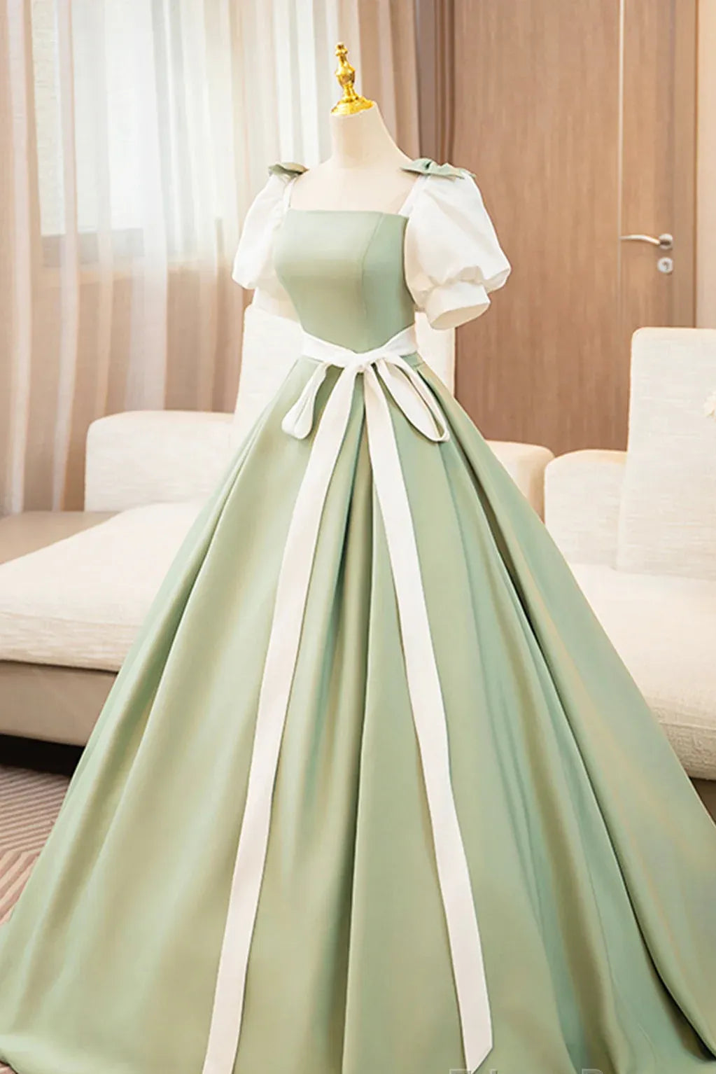 Whimsical Ballgown Square-Neck Short-Sleeve Two-Tone Sage Green Long Prom Dress for Women Ready to Ship