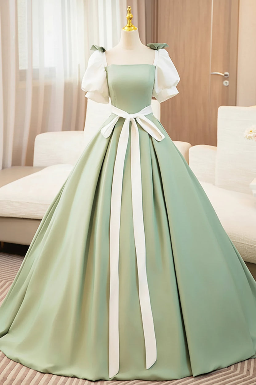 Whimsical Ballgown Square-Neck Short-Sleeve Two-Tone Sage Green Long Prom Dress for Women Ready to Ship