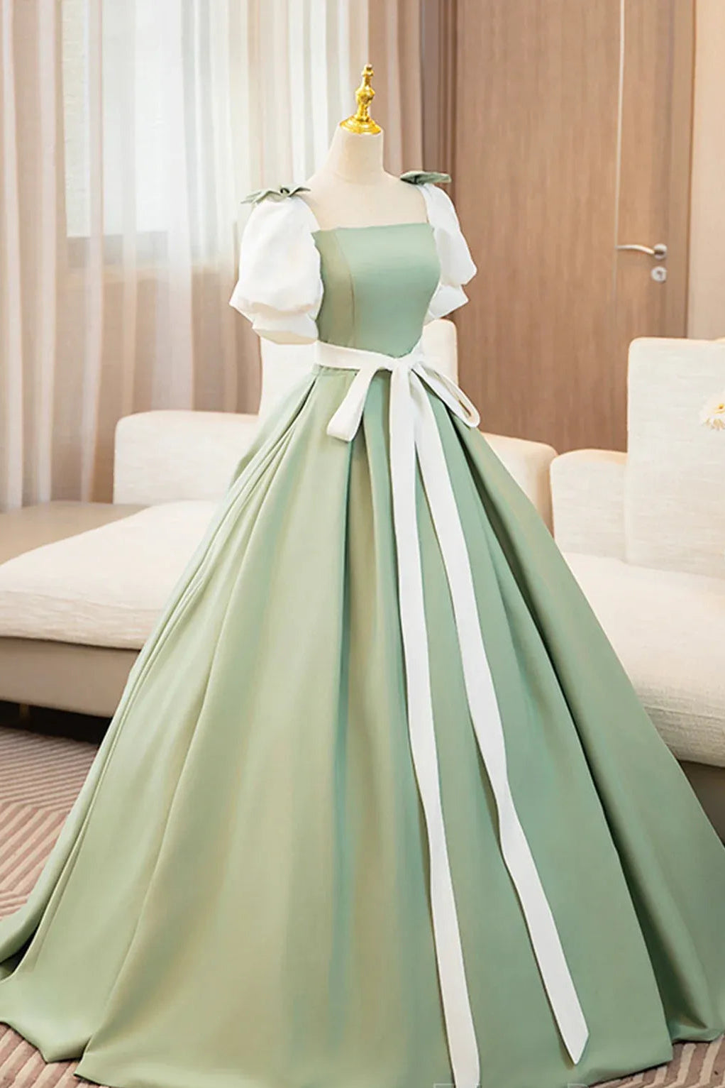 Whimsical Ballgown Square-Neck Short-Sleeve Two-Tone Sage Green Long Prom Dress for Women Ready to Ship