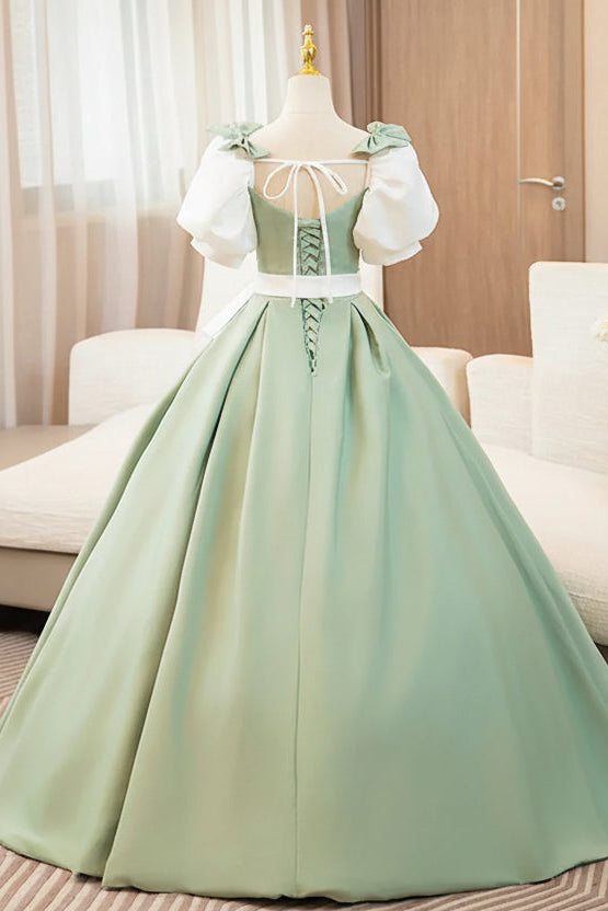 Whimsical Ballgown Square-Neck Short-Sleeve Two-Tone Sage Green Long Prom Dress for Women Ready to Ship