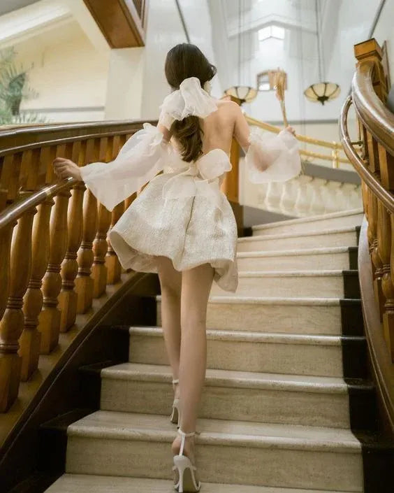 Whimsical Bubble-Skirt Halter-Neck Sheer-Sleeve Bow-Accented White Mini Prom Dress for Women ready to ship