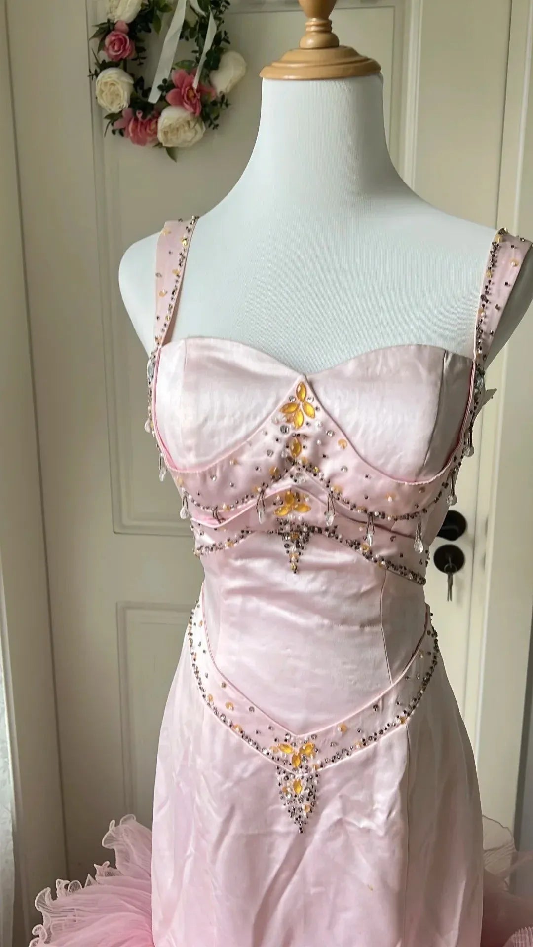 Whimsical Mermaid Sweetheart Sleeveless Ruffled Crystal-Accent Pink Long Prom Dress for Women Ready to Ship