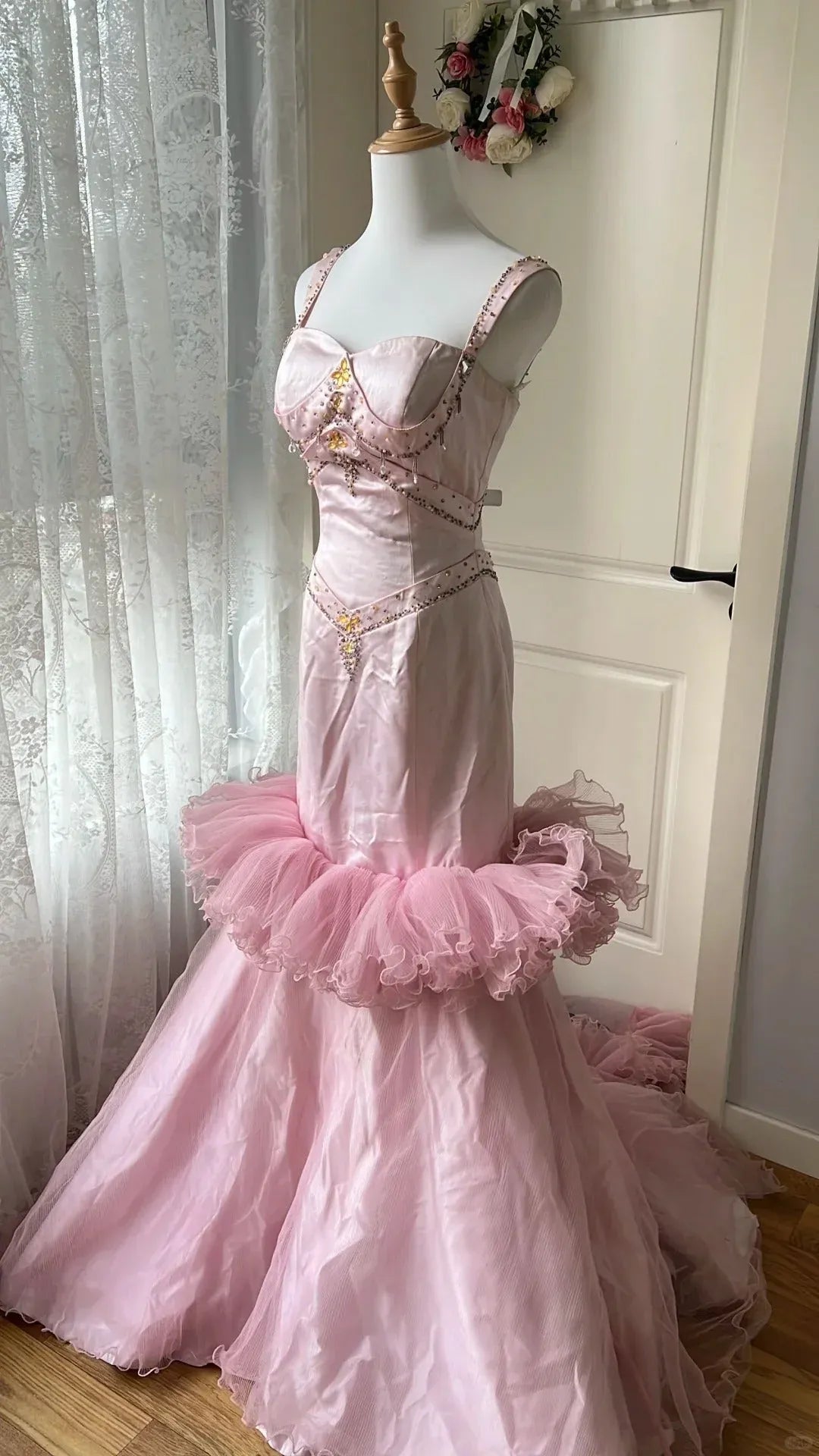 Whimsical Mermaid Sweetheart Sleeveless Ruffled Crystal-Accent Pink Long Prom Dress for Women Ready to Ship