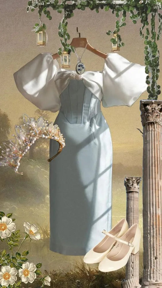 Whimsical Sheath Off-Shoulder Pearl-Bow Satin Light Blue Midi Evening Dress for Women