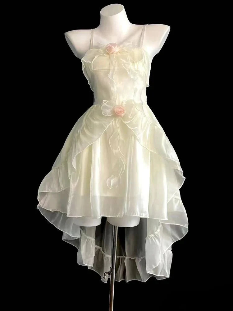 Whimsical A-Line Sweetheart Ruffled Floral Ivory High-Low Homecoming Dress