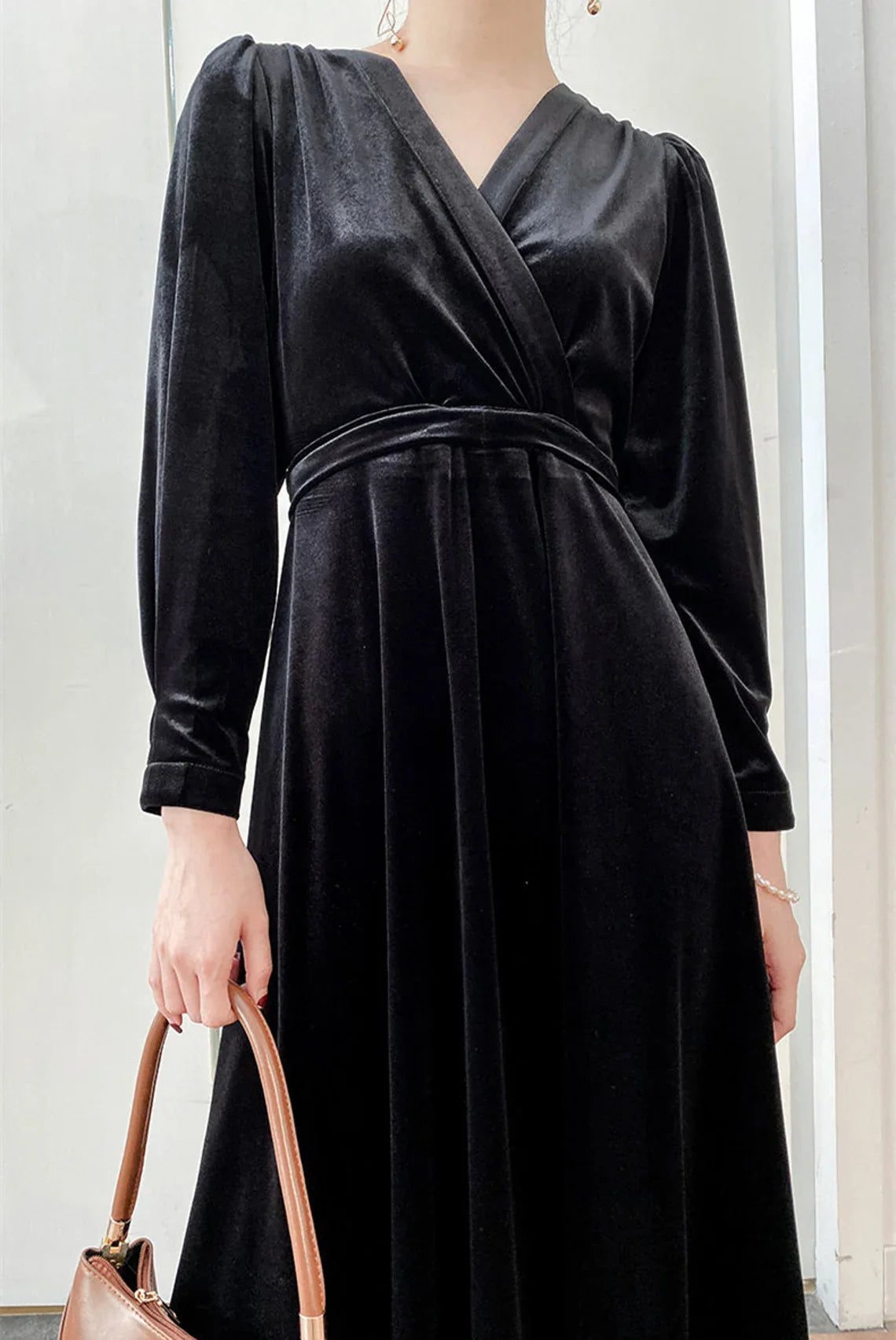 Women Velvet Dress V Neck Midi Dress Long Sleeves Dress Winter Wrap Dress Plus Size Clothing Party Wedding Dress