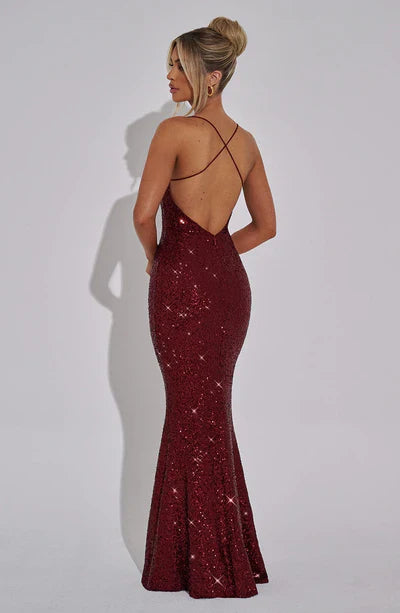 Women's Sexy Backless Sequin Long Dress Halter Corset Birthday Party Prom Wedding Evening Dress