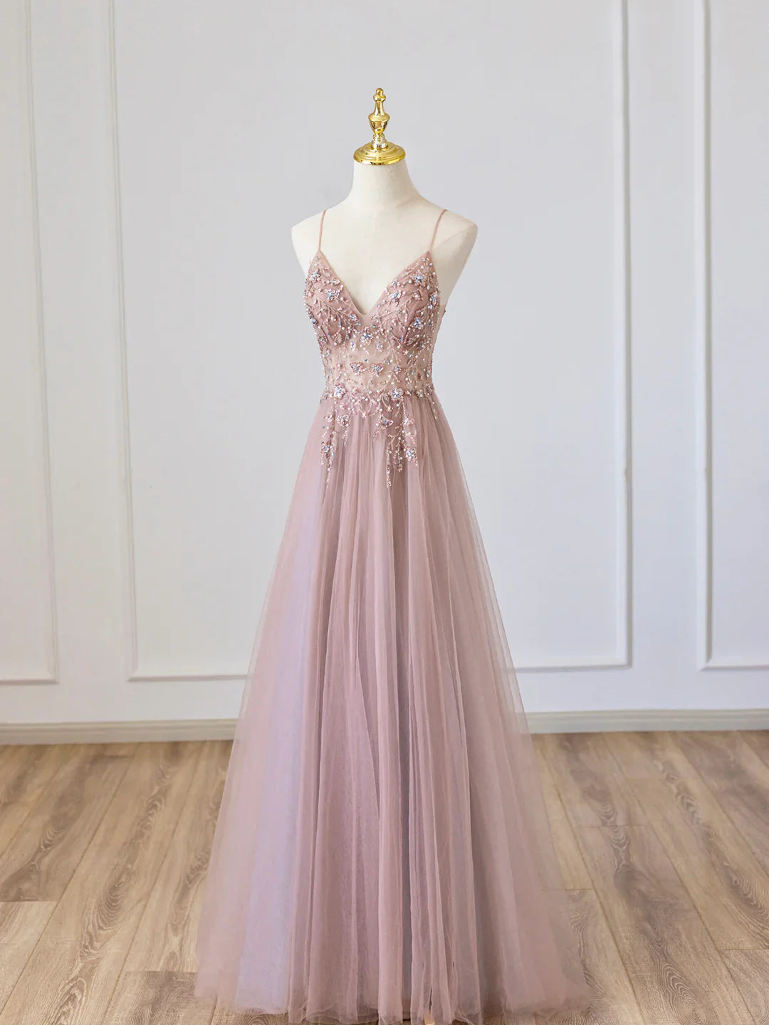 Pink V-Neck Tulle Long?Spaghetti Strap?Prom Dress with Beaded?