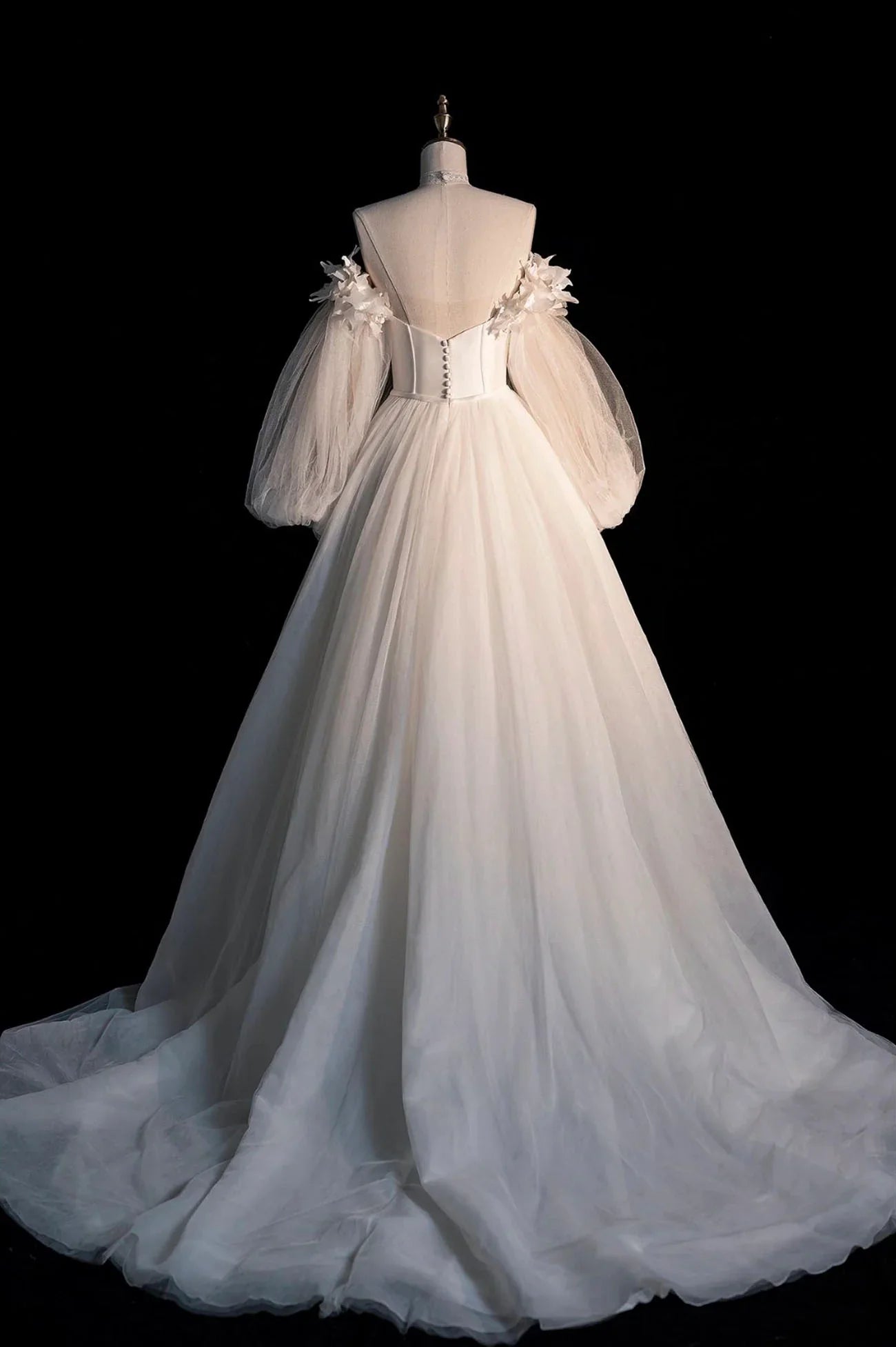 Off the Shoulder  Champagne Tulle Long Sleeve Prom Dress