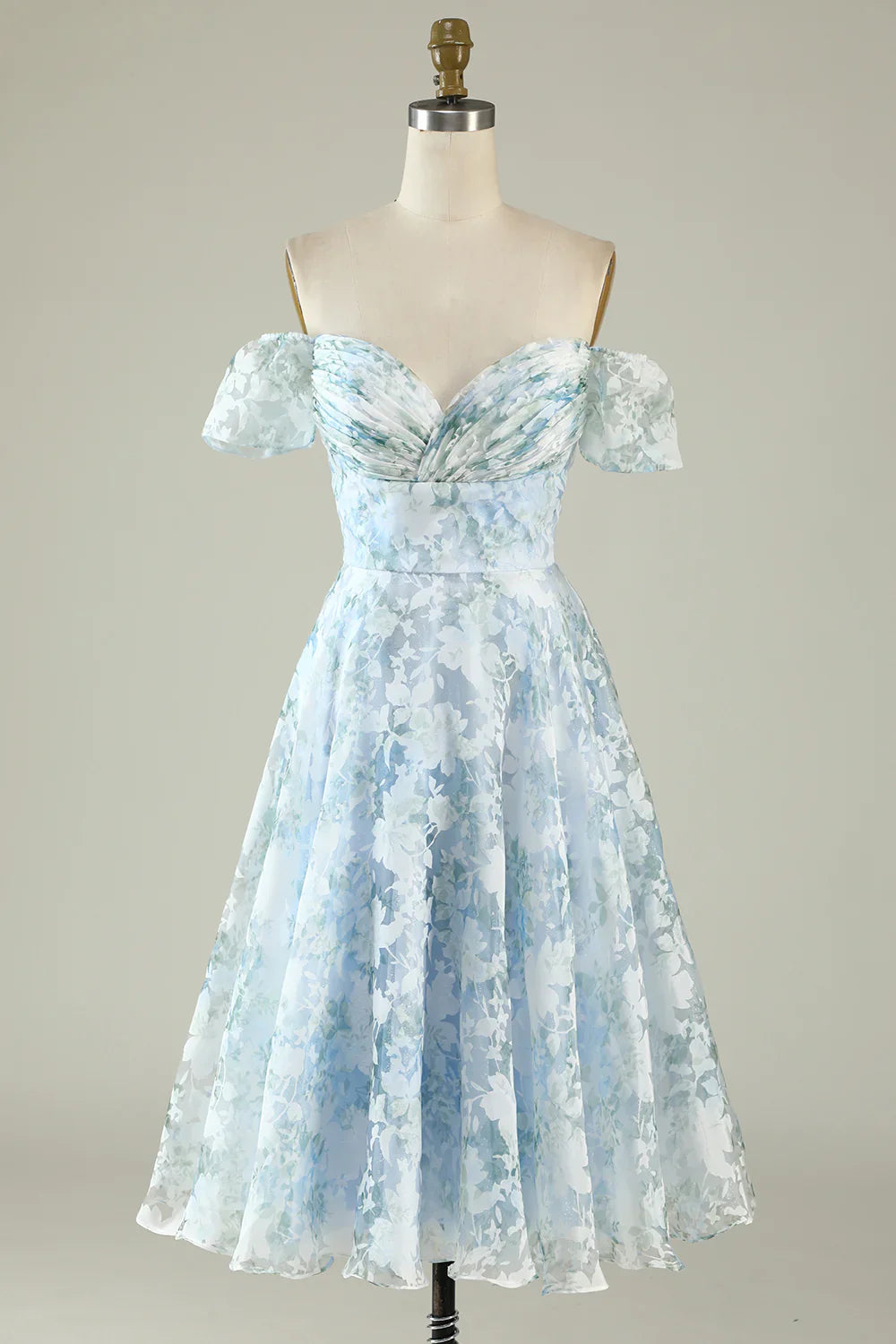 A-Line Shoulder Flower Printed Blue Homecoming Dresses