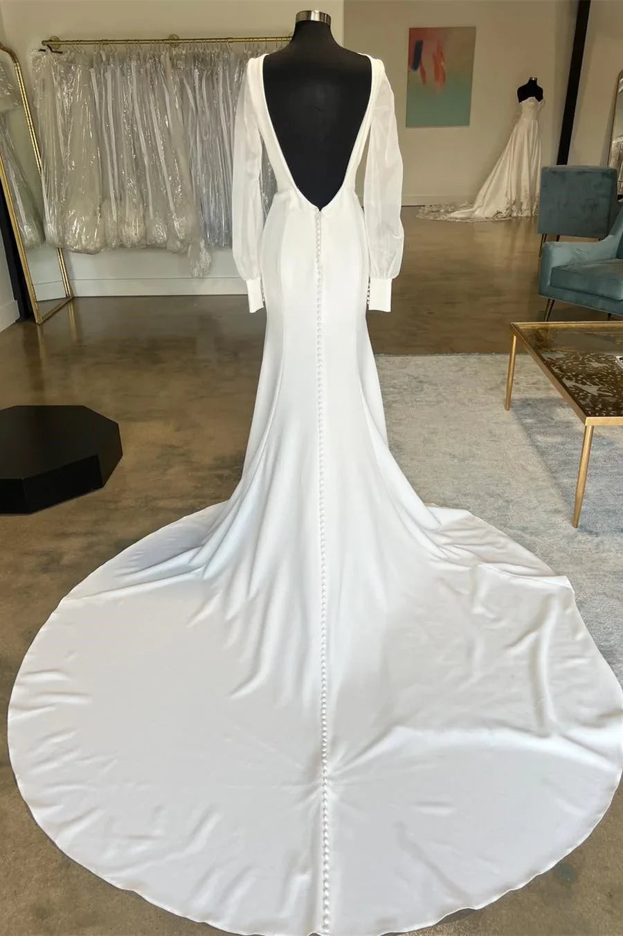 Open Back Long Wedding Dress with Long Sleeves