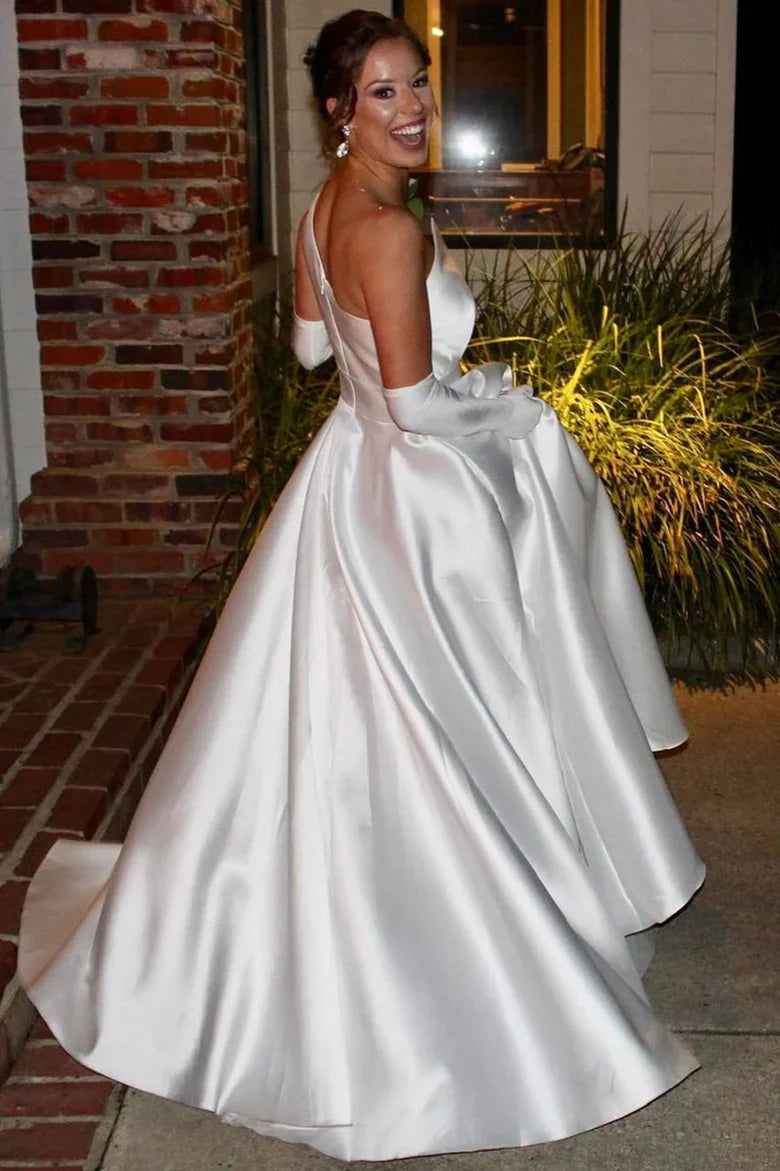 A-Line Asymmetrical  Satin Long Wedding Dress