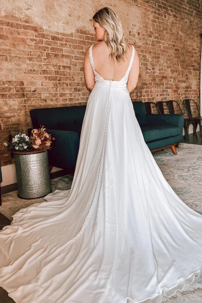 Floral Lace Open Back Long Bridal Gown