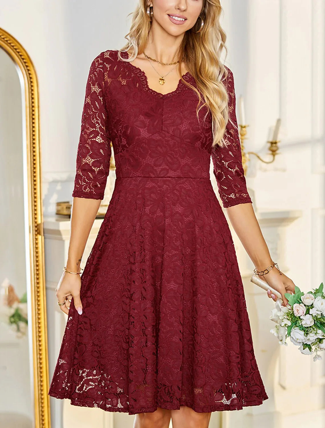 A-Line/Princess V-Neck Lace Wedding Guest Cocktail Dresses