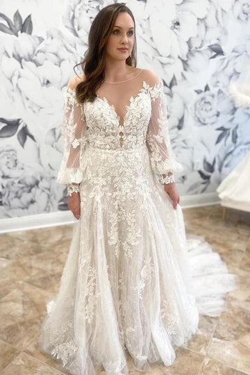A-Line Round Neck Long Sleeve Wedding Dress With  Applique