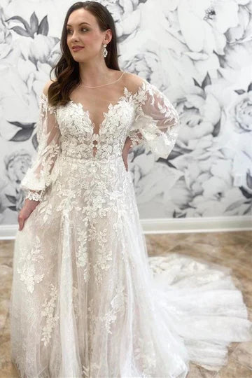 A-Line Round Neck Long Sleeve Wedding Dress With  Applique