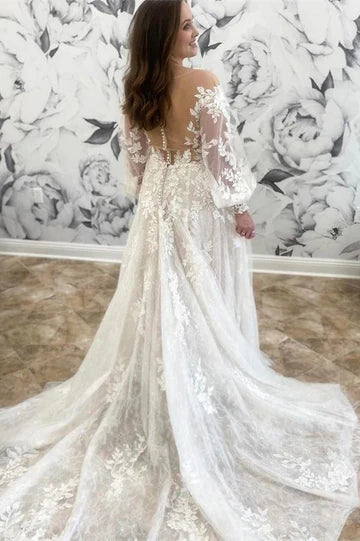 A-Line Round Neck Long Sleeve Wedding Dress With  Applique