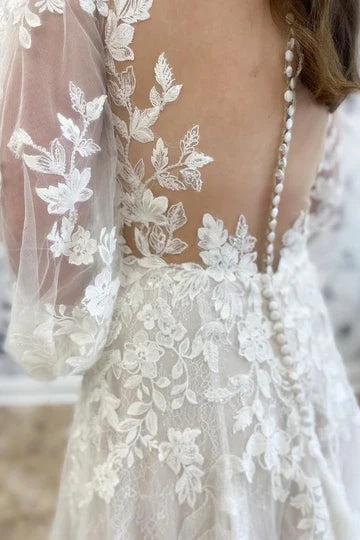 A-Line Round Neck Long Sleeve Wedding Dress With  Applique