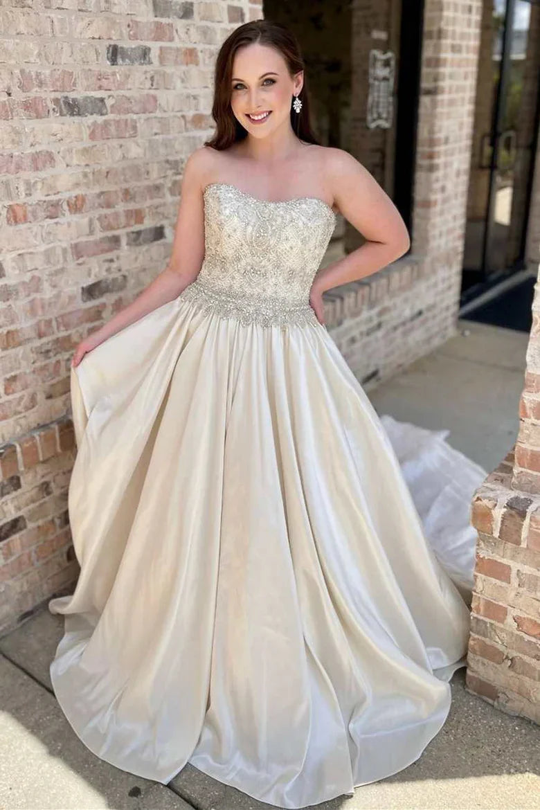 A-Line Strapless Beading Wedding Dress
