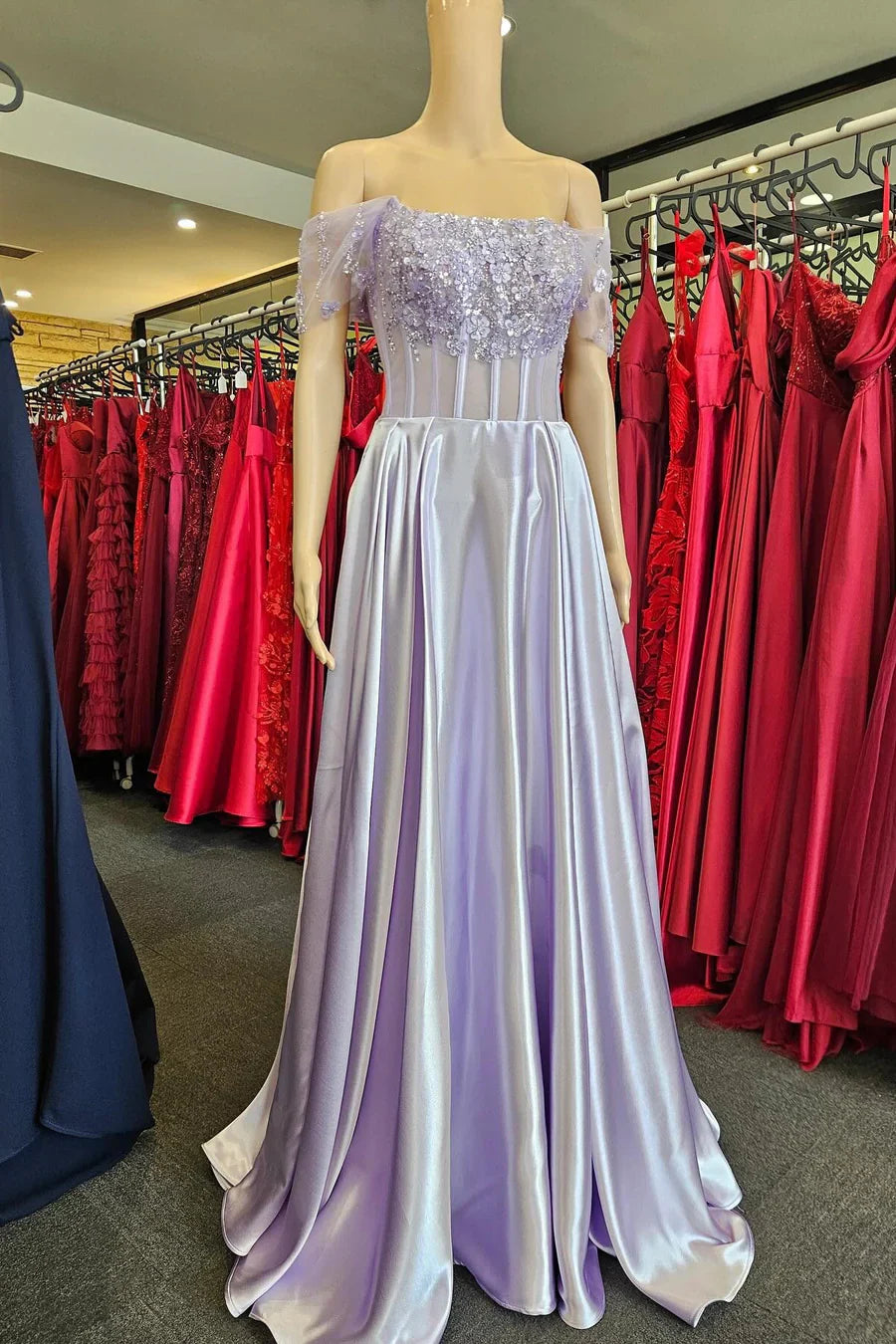 A-Line Off-the-Shoulder Long Prom Dress With 3D Floral
