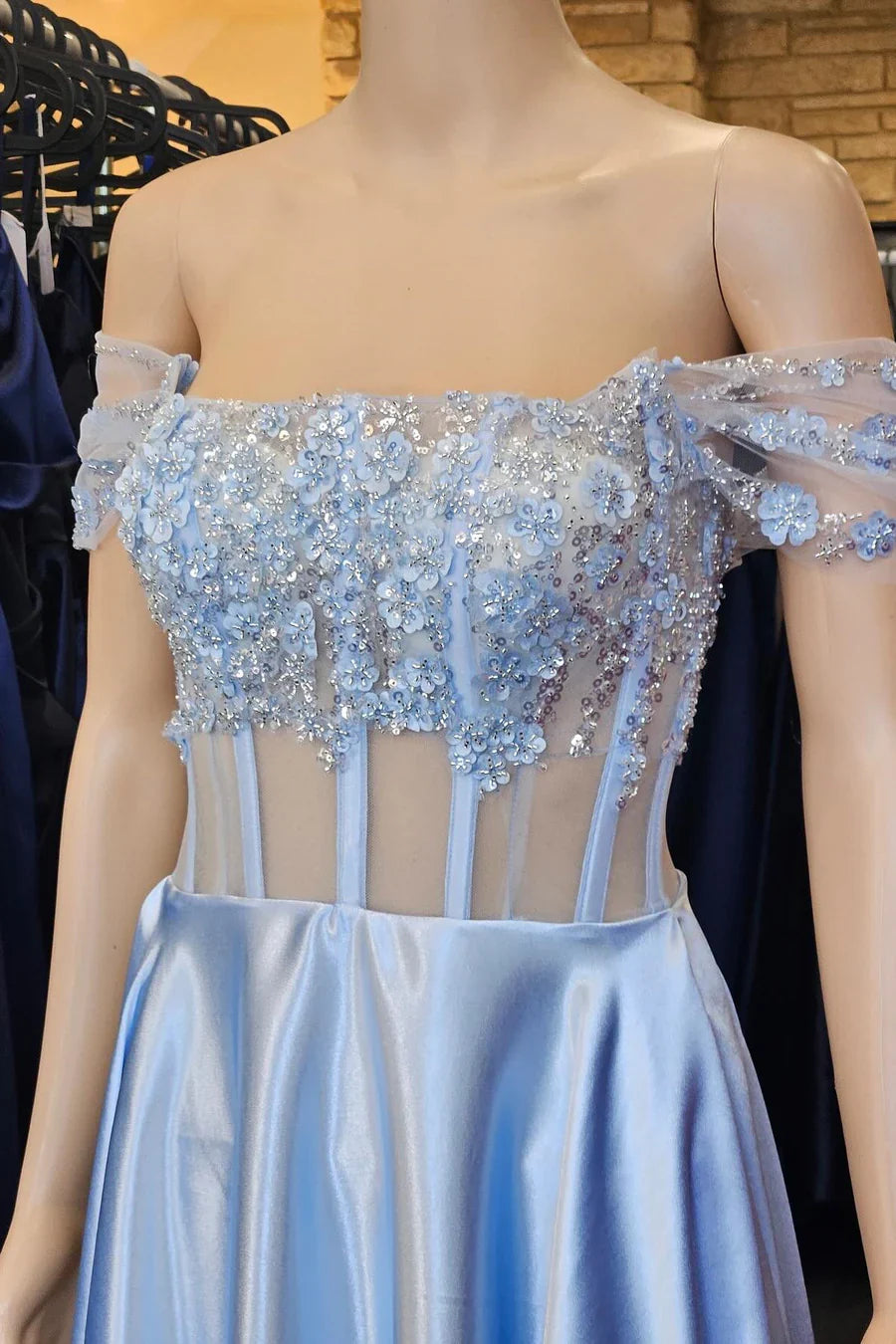 A-Line Off-the-Shoulder Long Prom Dress With 3D Floral