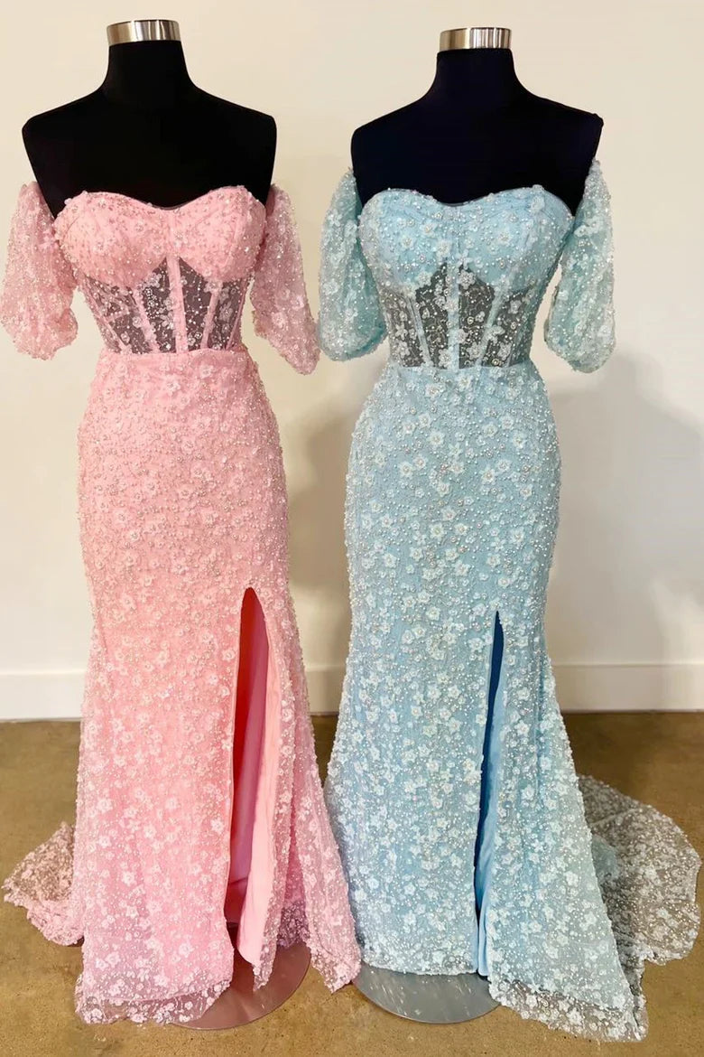 Off-the-Shoulder Mermaid Long Prom Dress with 3D Floral Lace ?