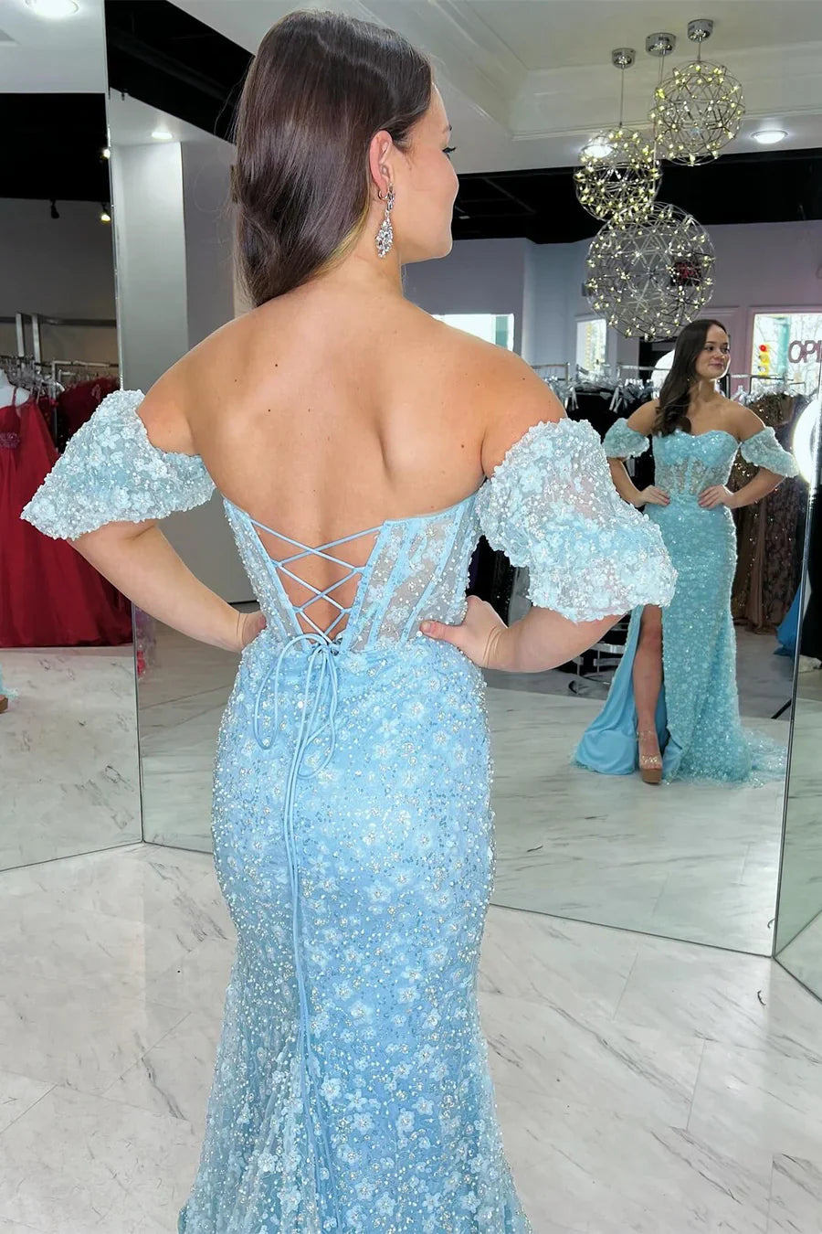 Off-the-Shoulder Mermaid Long Prom Dress with 3D Floral Lace ?