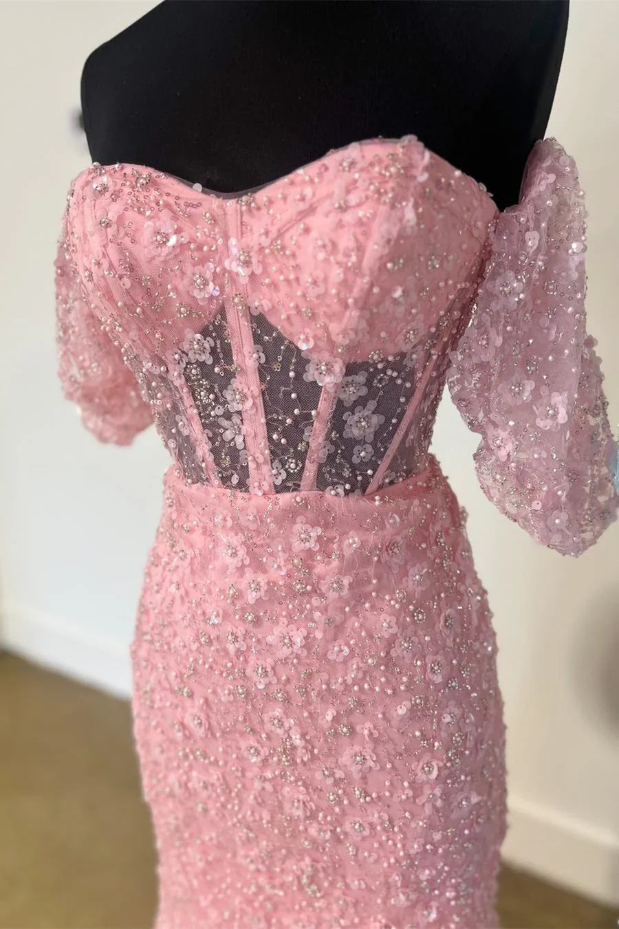 Off-the-Shoulder Mermaid Long Prom Dress with 3D Floral Lace ?