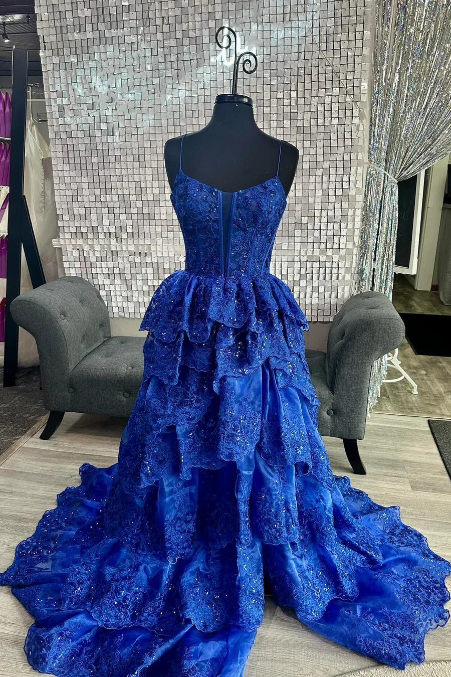 Tulle Sequin Spaghetti Strap Ruffle Tiered Prom Dress with Slit ?