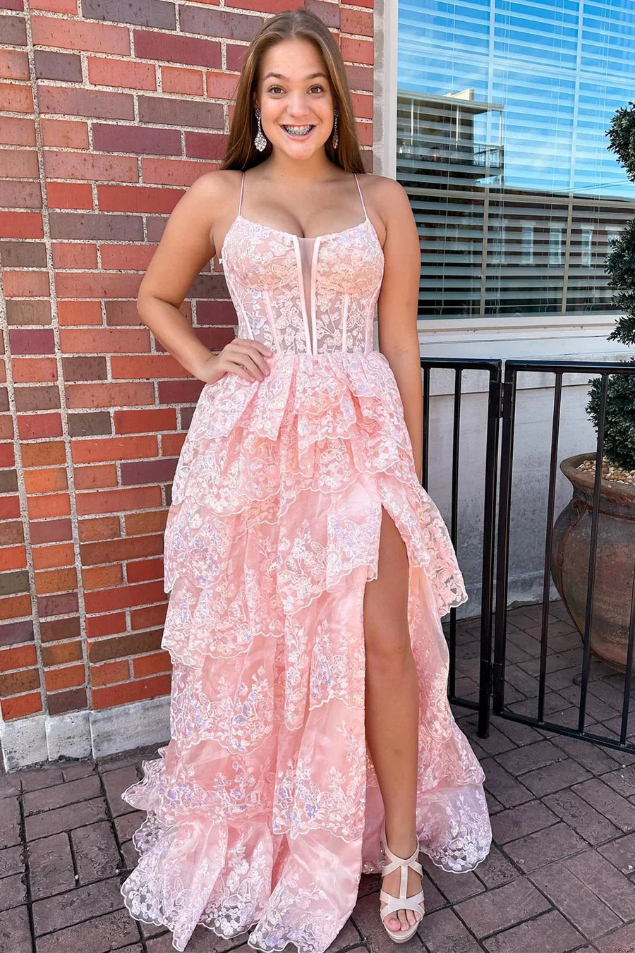 Tulle Sequin Spaghetti Strap Ruffle Tiered Prom Dress with Slit ?