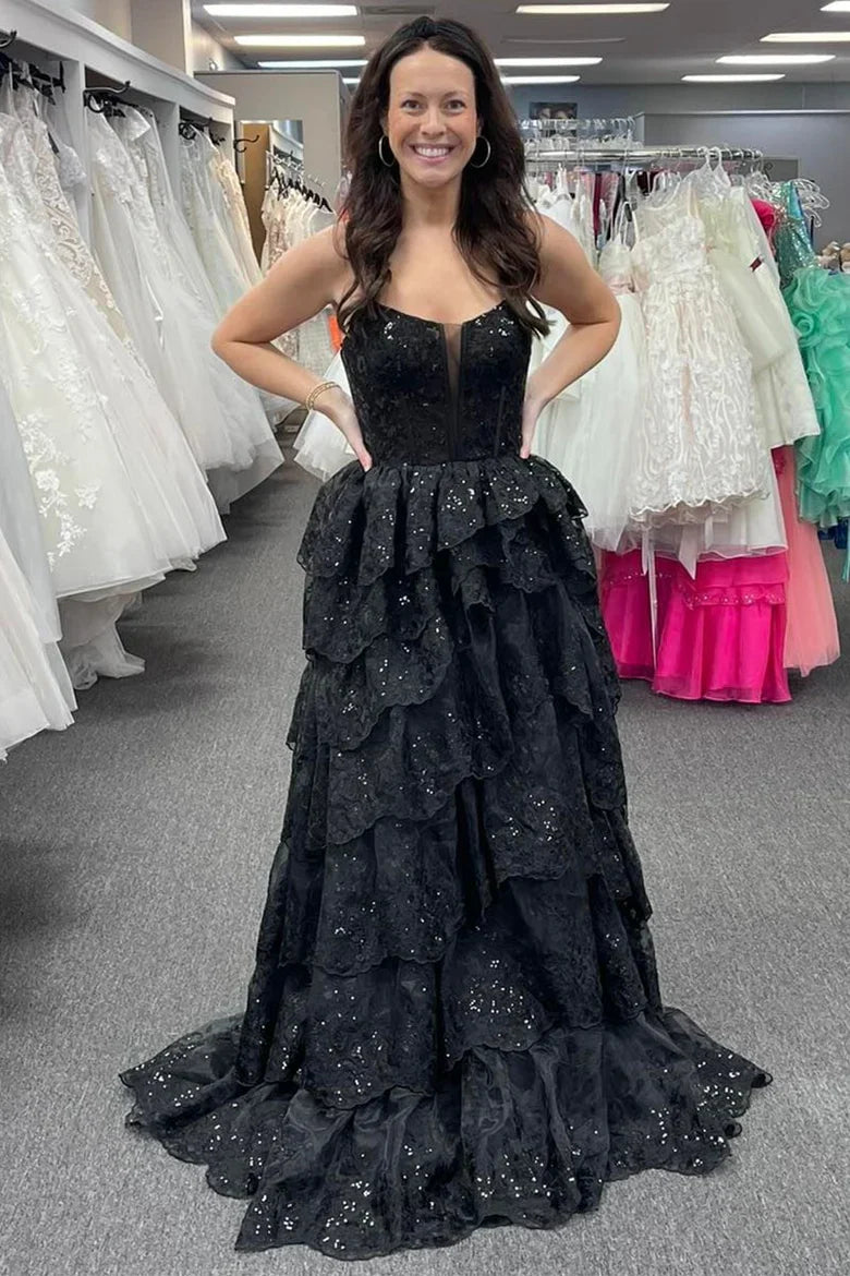 Tulle Sequin Spaghetti Strap Ruffle Tiered Prom Dress with Slit ?