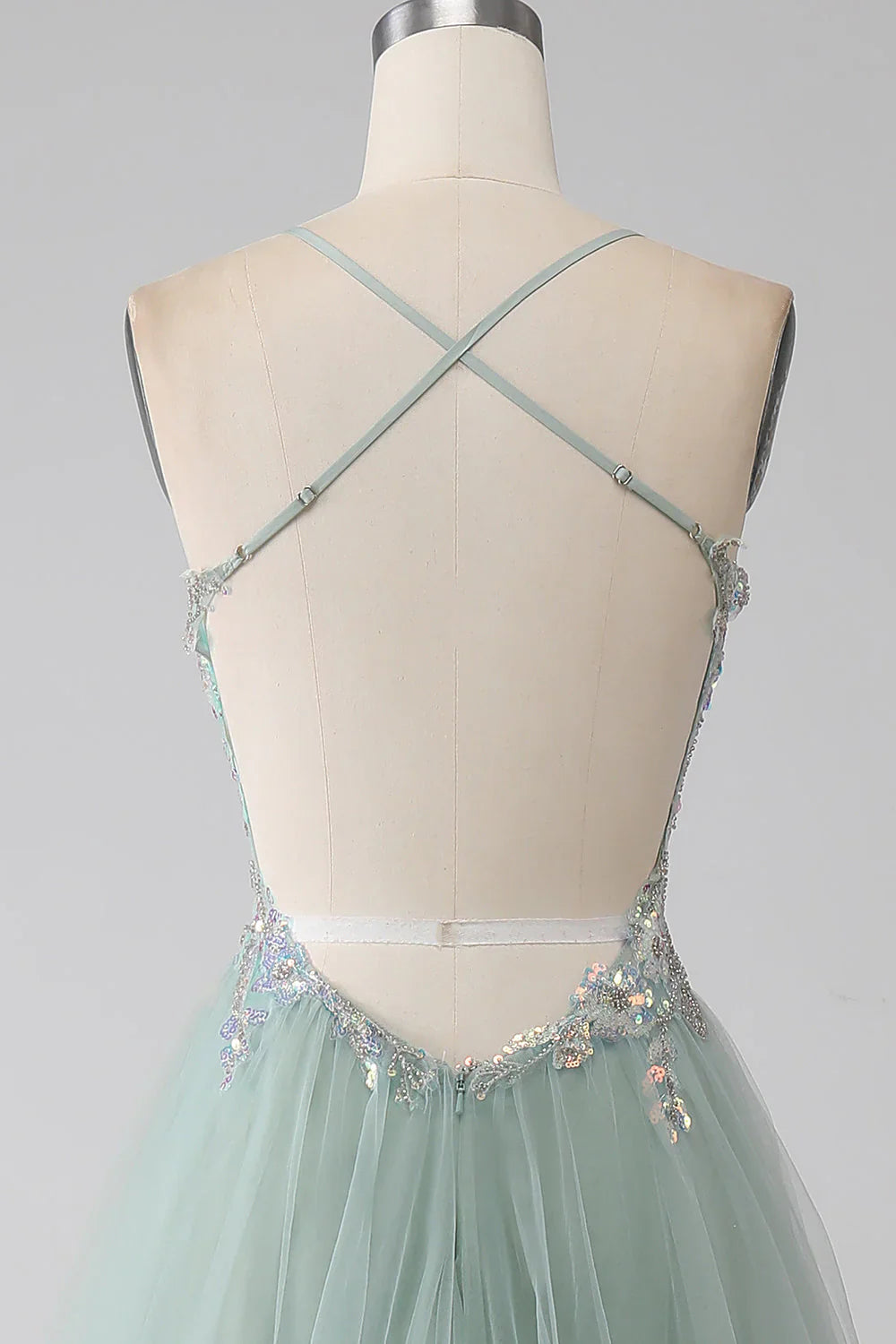 A-Line Beaded V Neck Open Back Prom Dress With Slit