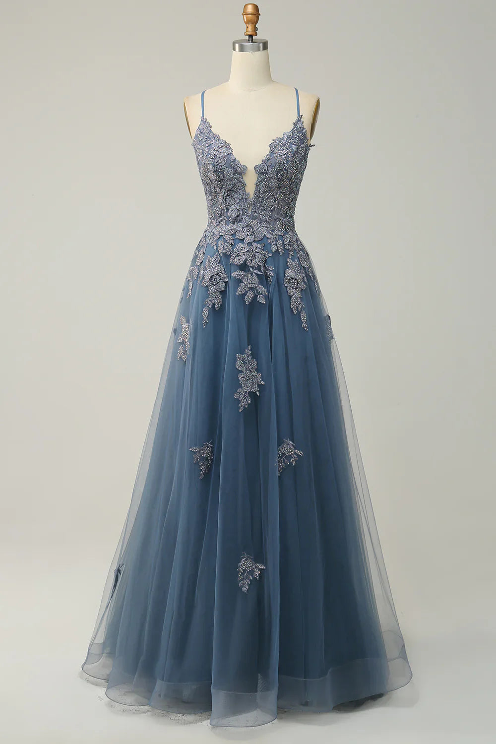 Spaghetti Straps Appliques Tulle Prom Dress